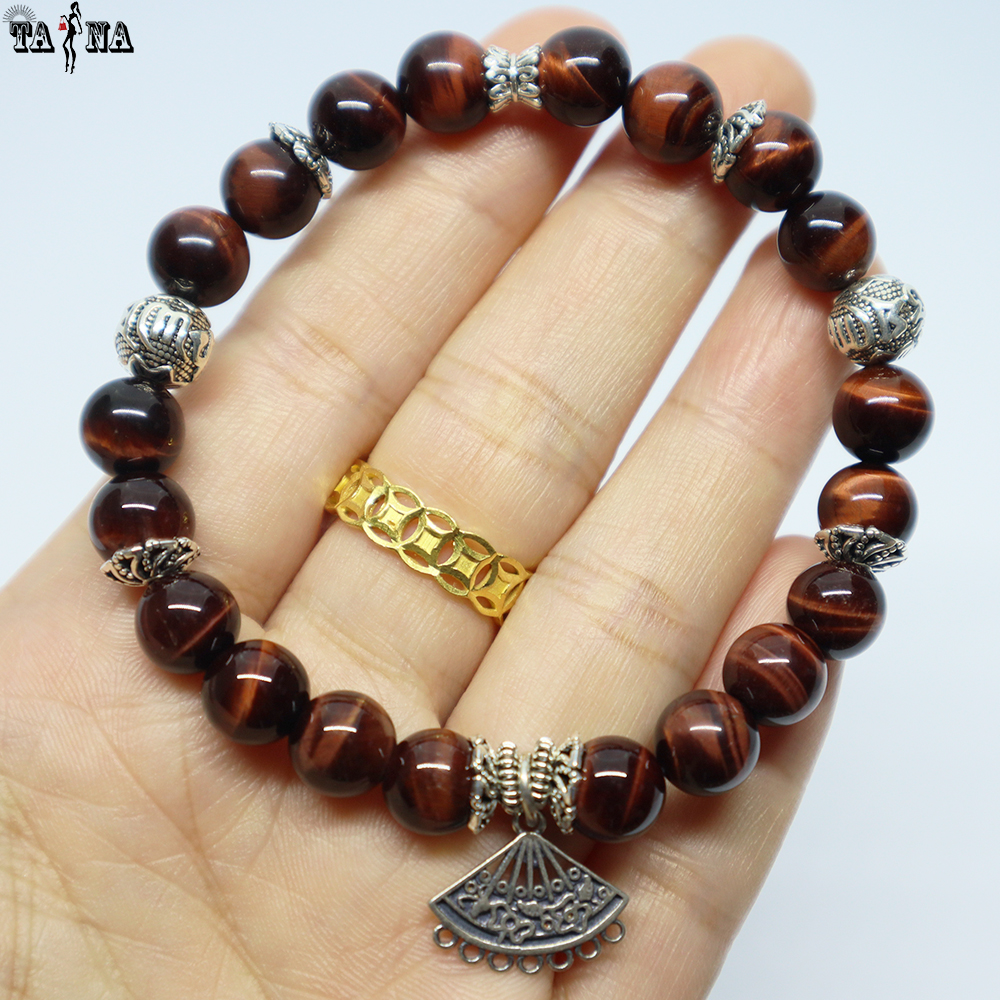 Vòng đá mắt hổ đỏ nâu 4A charm bạc 925 cao cấp