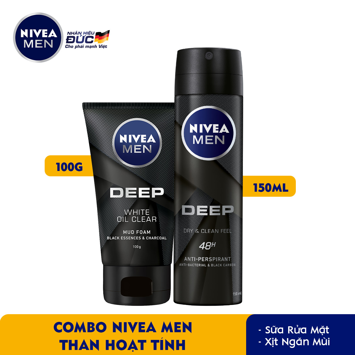 Combo NIVEA MEN Than Hoạt Tính Xịt Ngăn Mùi (150ml) - 80027 &amp; Sữa Rửa Mặt(100G) - 84415