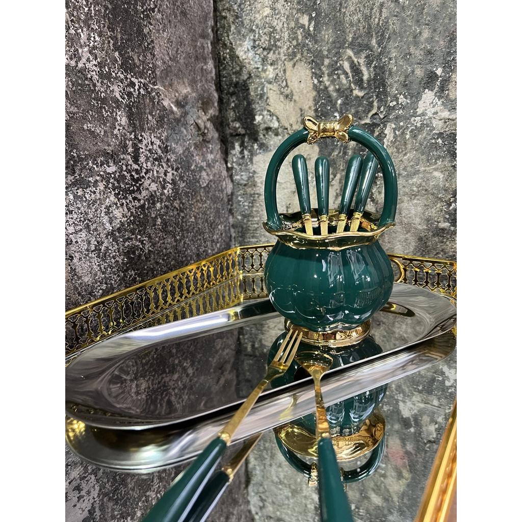 Hũ đựng thìa nĩa viền vàng chất liệu sứ | Lẵng sứ Trắng - Xanh Nơ viền vàng đựng thìa nĩa Decor hàng thủ công có sẵn