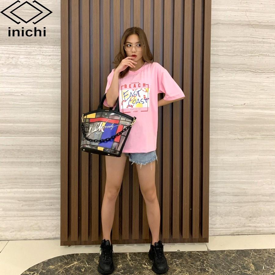 Áo thun tay lỡ INICHI phong cách Unisex nam nữ cá tính in chữ BEACH - A657 màu hồng