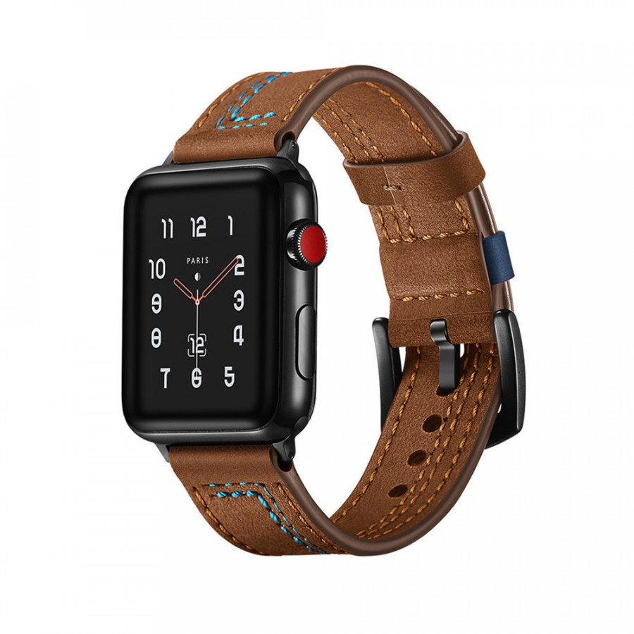 Dây đồng hồ, dây da 07 viền chỉ khóa thép không gỉ cho Apple Watch