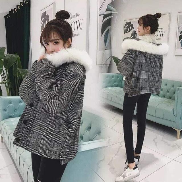 Áo Khoác Dạ Kẻ Lót Lông Siêu Dày Mịnfreeship