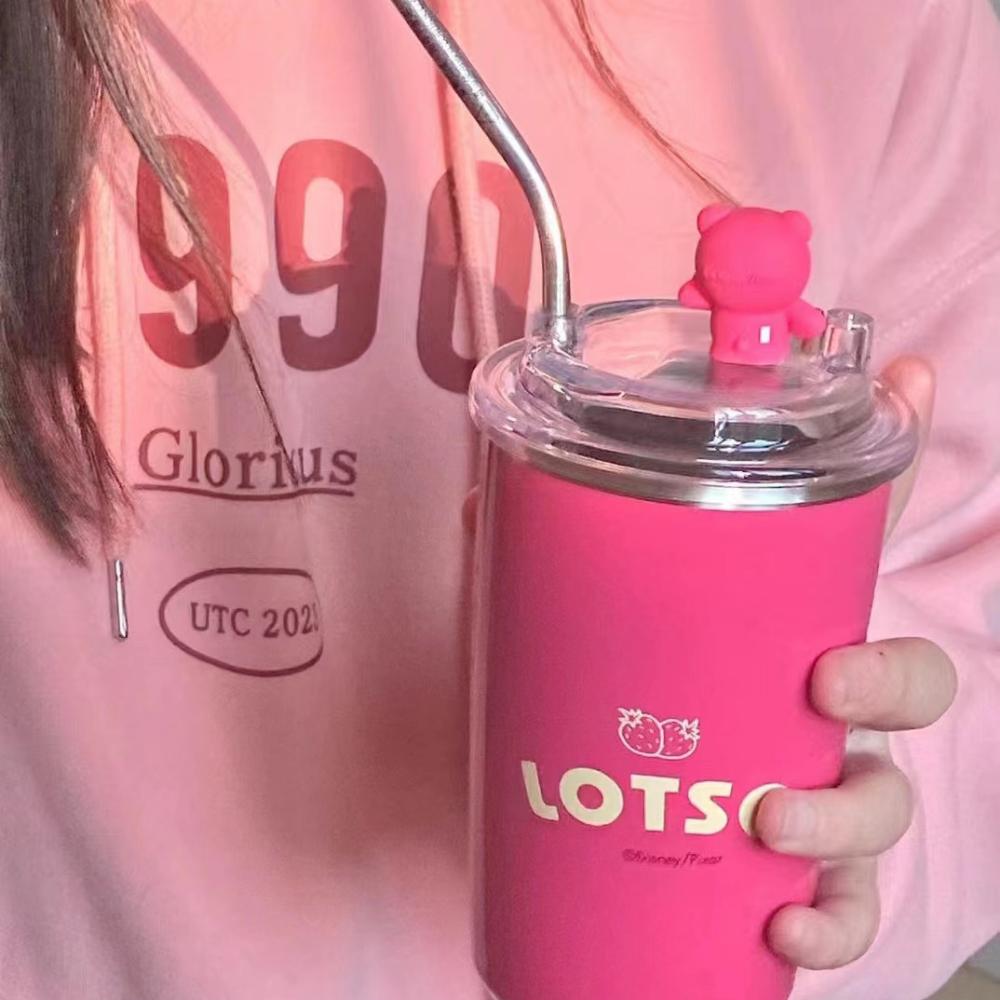 Cốc giữ nhiệt, ly giữ nhiệt Gấu Dâu Lotso tặng kèm ống hút dung tích 450ml chất liệu inox cao cấp giữ nhiệt từ 8-12 giờ