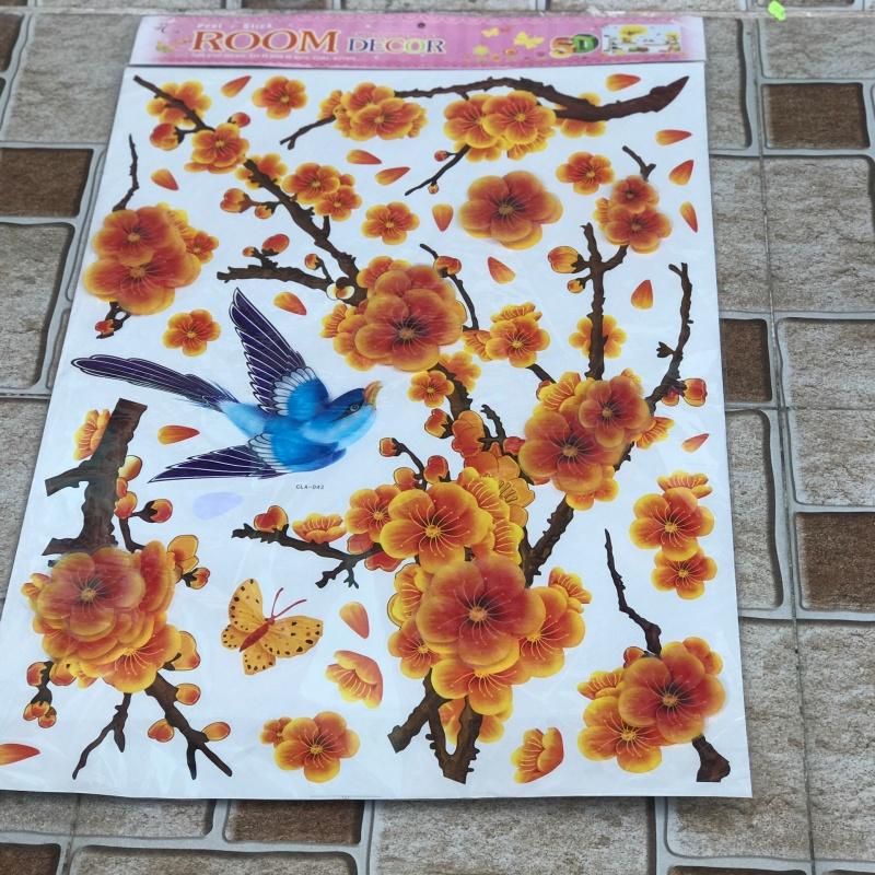 Decal trang trí Tết Mai vàng nở rộ,Đào hồng khoe sắc giấy dán tường tết 2022, tranh dán kính,