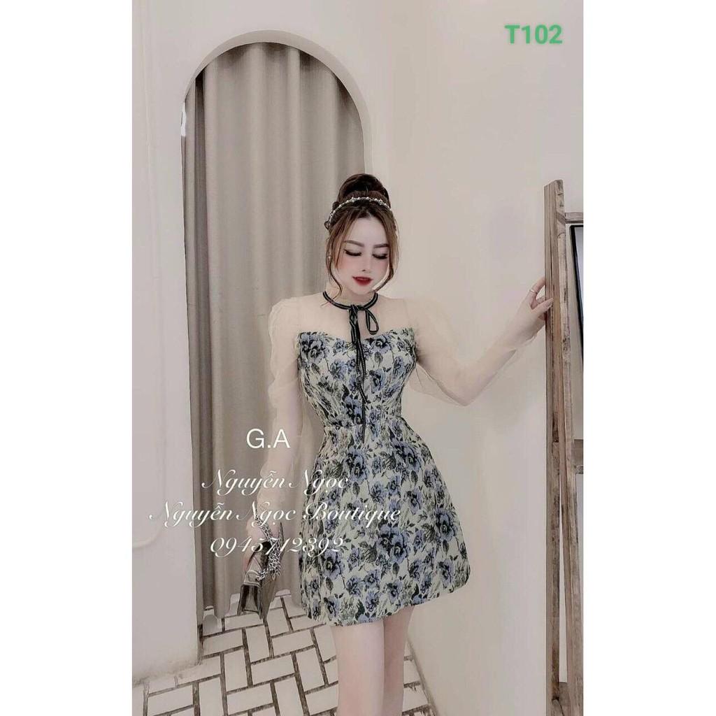 Đầm nữ phối lưới kết nơ in họa tiết sang trọng tôn dáng