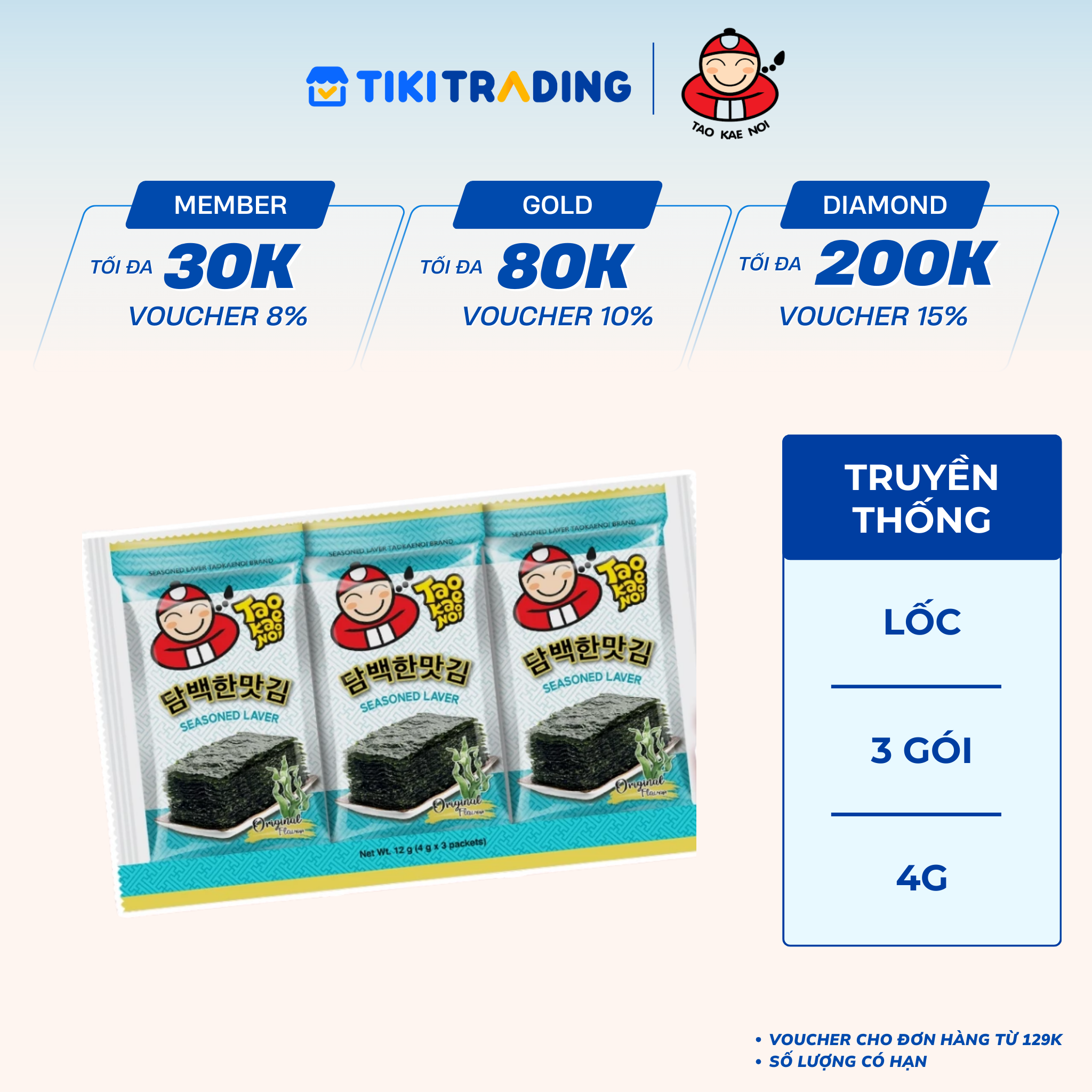 Lốc 3 Gói Rong Biển Taokaenoi Season Laver Vị Truyền Thống 4G
