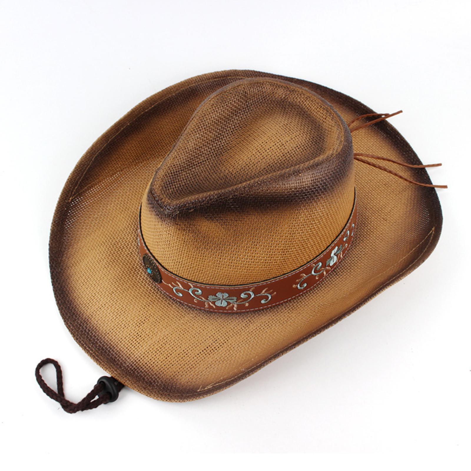 Western Style Cowboy Hat Women Men Wide Roll up Brim Outdoor Sun Hats with Chin Strap Versatile Jazz Caps Sun Protection for Festivals Travel