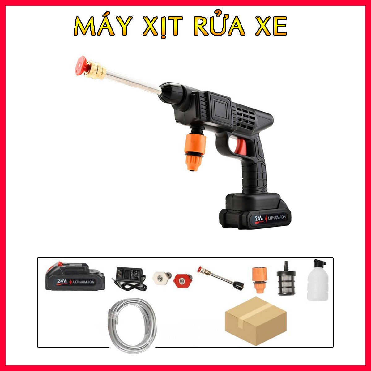 Máy Xịt Rửa Xe Máy, Ô Tô Áp Lực Cao Pin 24Vh Tiện Lợi Full Phụ Kiện