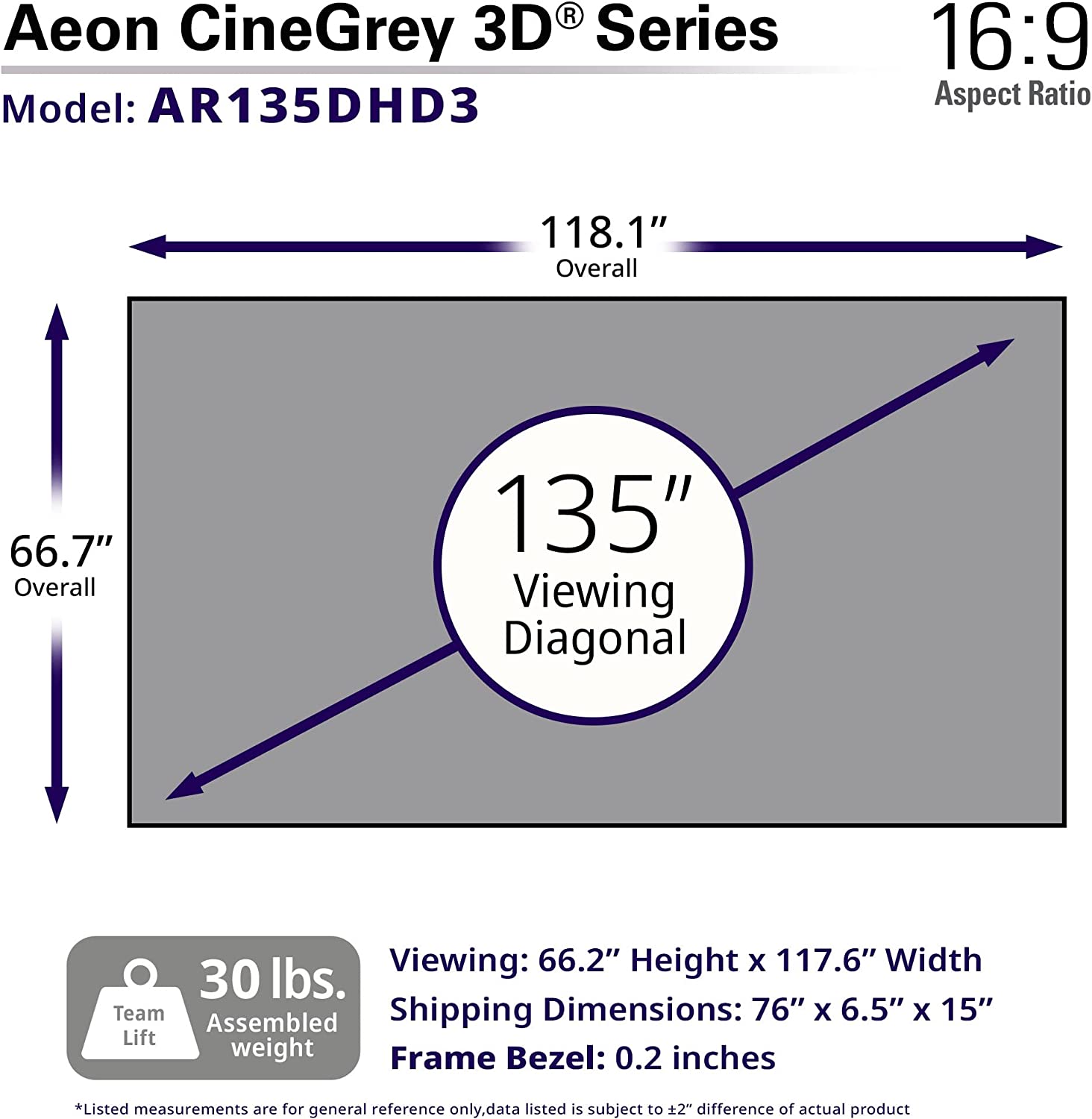 Màn Chiếu Elite Screens Dòng Aeon CineGrey 3D, 135 inch Tỷ lệ Khung Hình 16:9 (Vùng hiển thị 168.1 x 299.0 cm) Gain 1.2 (AR135DHD3) – Hàng Chính Hãng