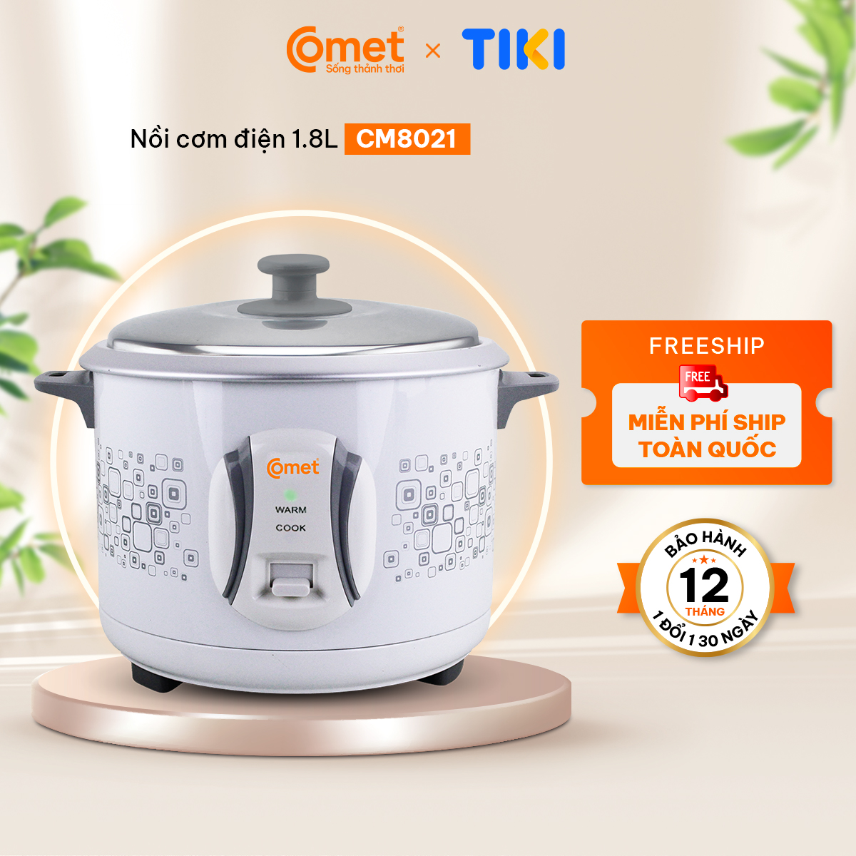 Nồi cơm điện nắp rời Comet CM8021 dung tích 1.8L – Công suất 700W, giữ nóng lâu, dễ vệ sinh – Hàng chính hãng, bảo hành 12 tháng