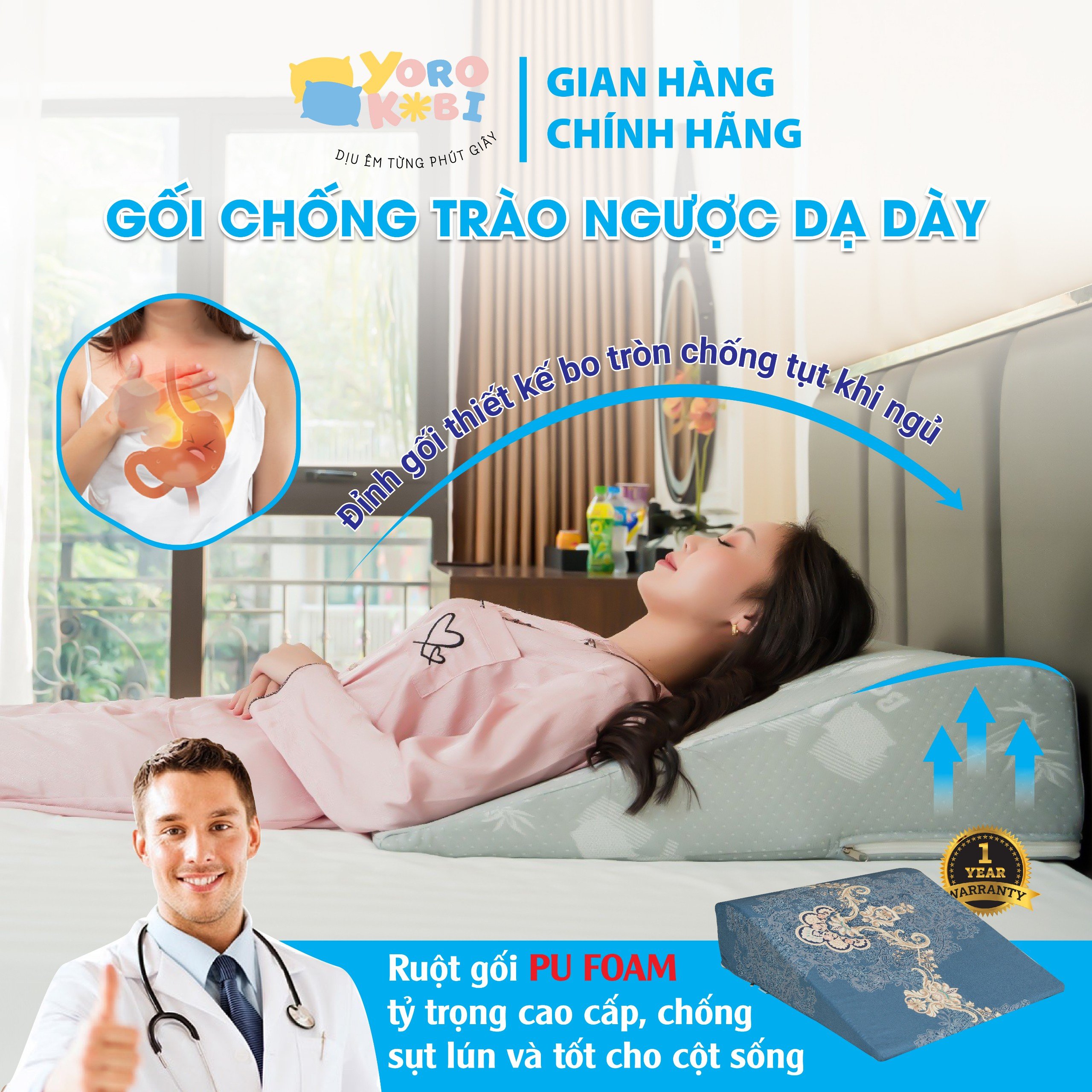 GỐI CHỐNG TRÀO NGƯỢC DẠ DÀY NGƯỚI LỚN YOROKOBI CẢI TIẾN CHỐNG TRƠN TRƯỢT, GIẢM CHỨNG KHÓ THỞ KHI NGỦ TẠO GIẤC NGỦ SÂU.