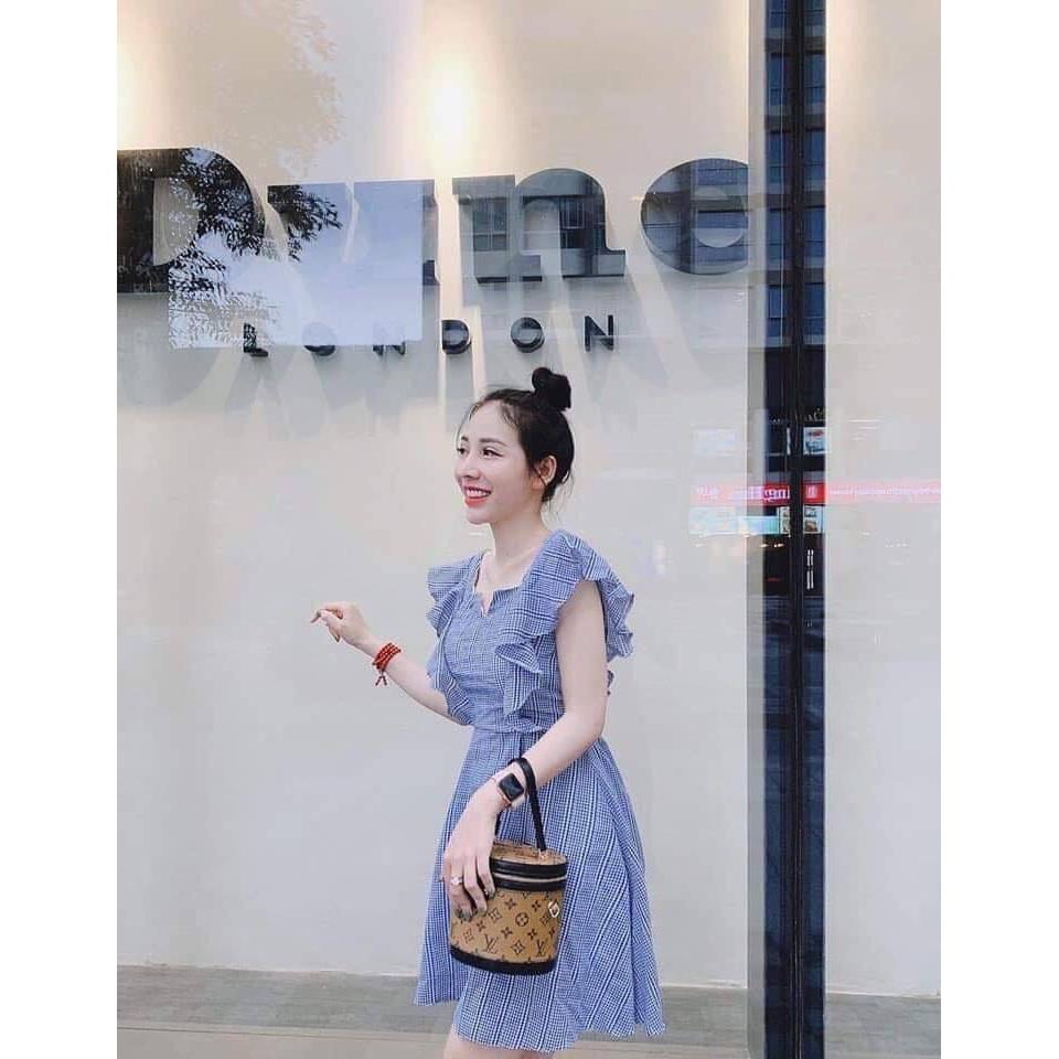 Đầm caro beo vai nơ siêu xinh