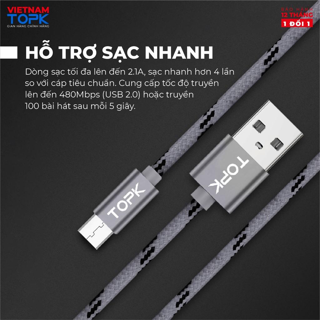 Dây sạc nhanh 3A TOPK AN09 vỏ bện nylon dài 1m - Hàng chính hãng