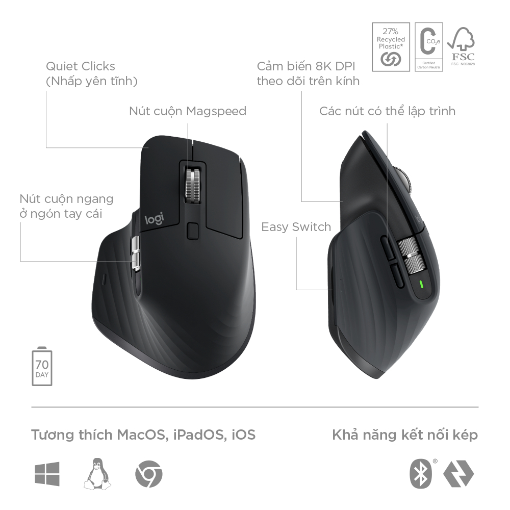 Combo Chuột & Bàn Phím Bluetooth không dây Logitech MX Keys S Combo - Có gác tay, Chiếu sáng, USB-C - Hàng chính hãng