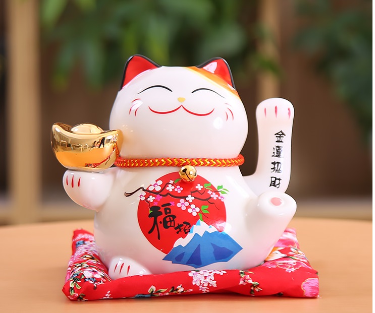 Mèo Thần Tài  Maneki Neko  vẫy tay chiêu tài lộc 16cm bằng gốm sứ - mẫu giao ngẫu nhiên