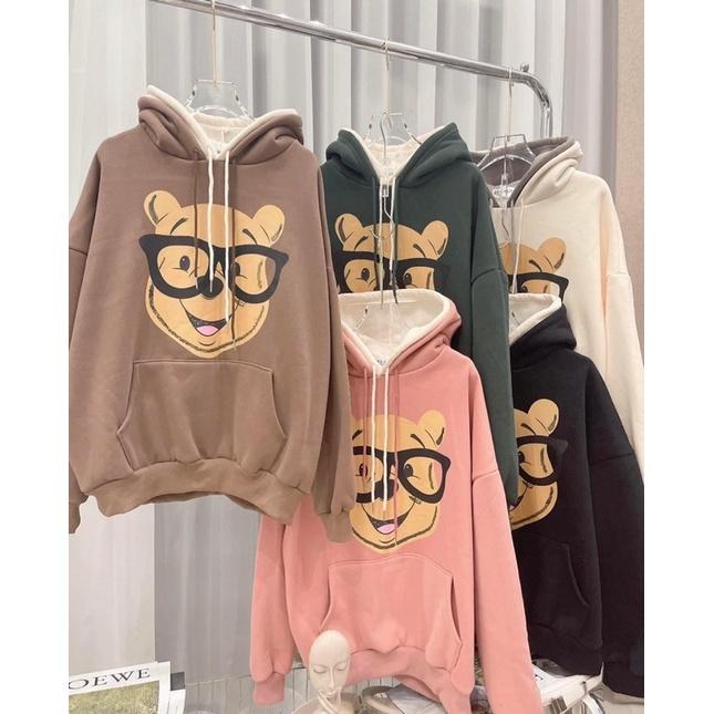 ÁO HOODIE NỈ HAI MŨ FORM RỘNG TAY BỒNG - GẤU ĐEO KINH