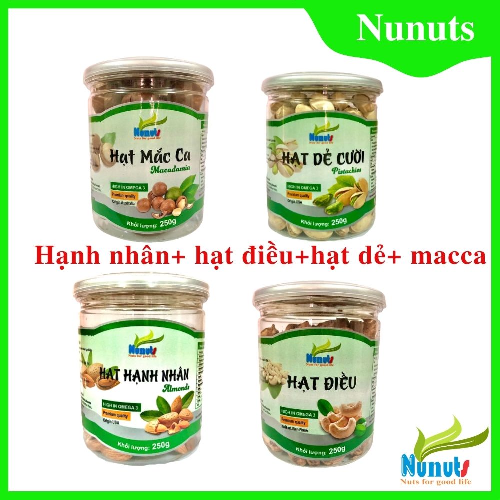 COMBO 4 HŨ HẠNH NHÂN TỰ NHIÊN, MACCA CÒN VỎ, HẠT ĐIỀU CÒN VỎ LỤA, HẠT DẺ CƯỜI NUNUTS (LOAI 250G)