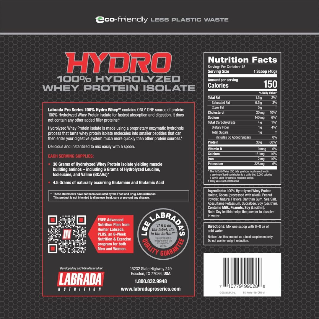 Labrada Pro Series Hydrolyzed Whey Protein Isolate 4lbs (45 Servings) - Giúp Hấp Thụ Và Tăng Khả Năng Tổng Hợp Protein Nhanh, Hỗ Trợ Phục Hồi Và Phát Triển Cơ Bắp