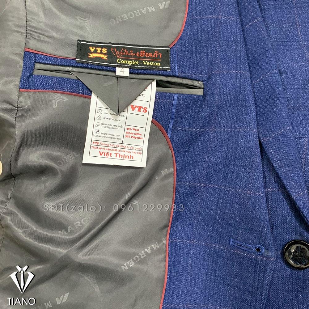 Bộ Vest nam cao cấp 1 cúc màu Xanh kẻ, form ôm body chất vải dày mịn 2 lớp, Suit Nam Cao Cấp - TIANO STORE