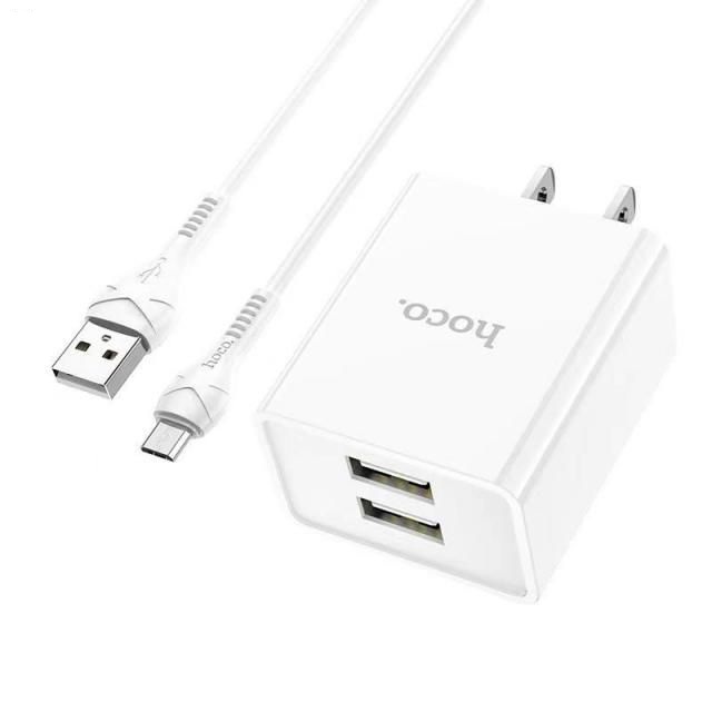 Bộ sạc nhanh 2.1A Hoco C89 chuôi dẹt 2 cổng Usb kèm dây sạc Micro dài 1M cho Android - Hàng chính hãng