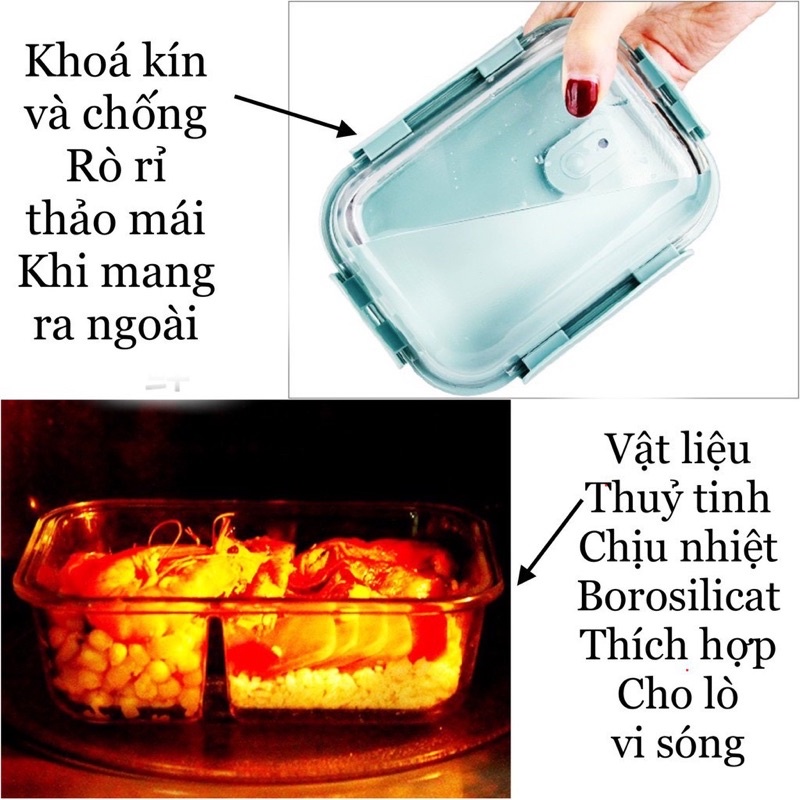 Hộp Cơm Thủy Tinh 3 Ngăn 1050 ml + Thố Canh Thủy Tinh tròn 600ml phong cách Nhật Bản cực kì tiện lợi