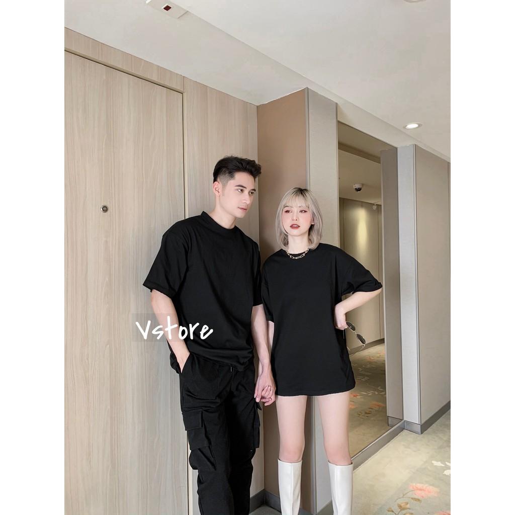 Áo Thun Cặp Trơn Đen Tay Lỡ Nam Nữ