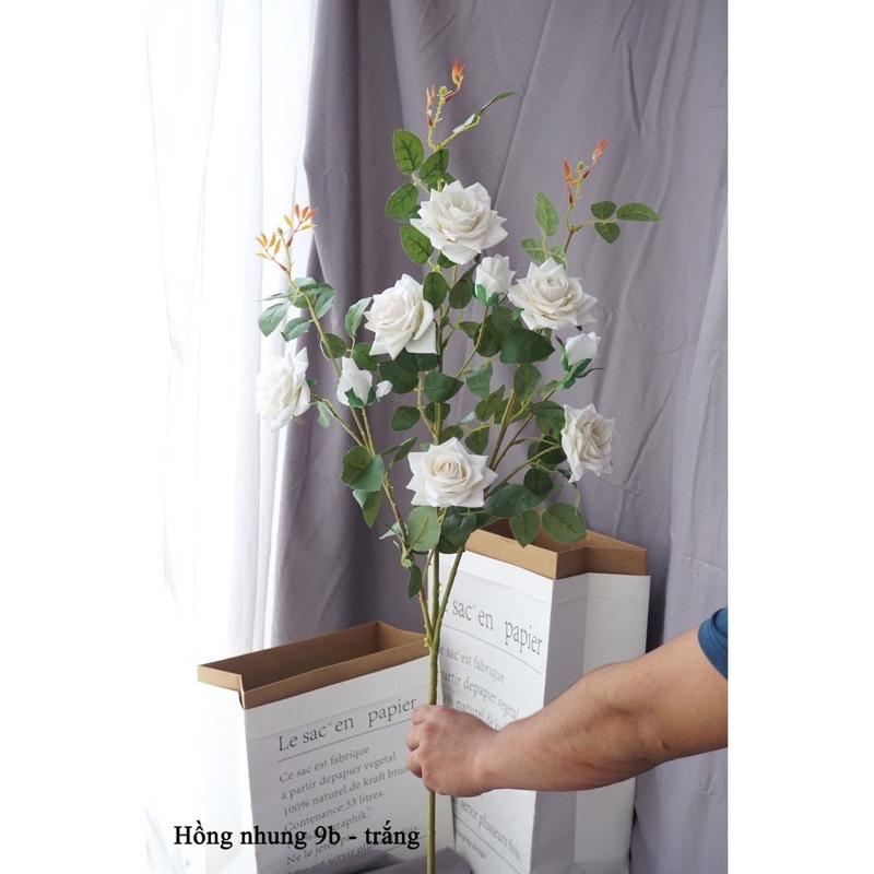 Cành hoa Hồng Nhung 9 bông cao cấp nhập khẩu 1m- Hoa giả trang trí
