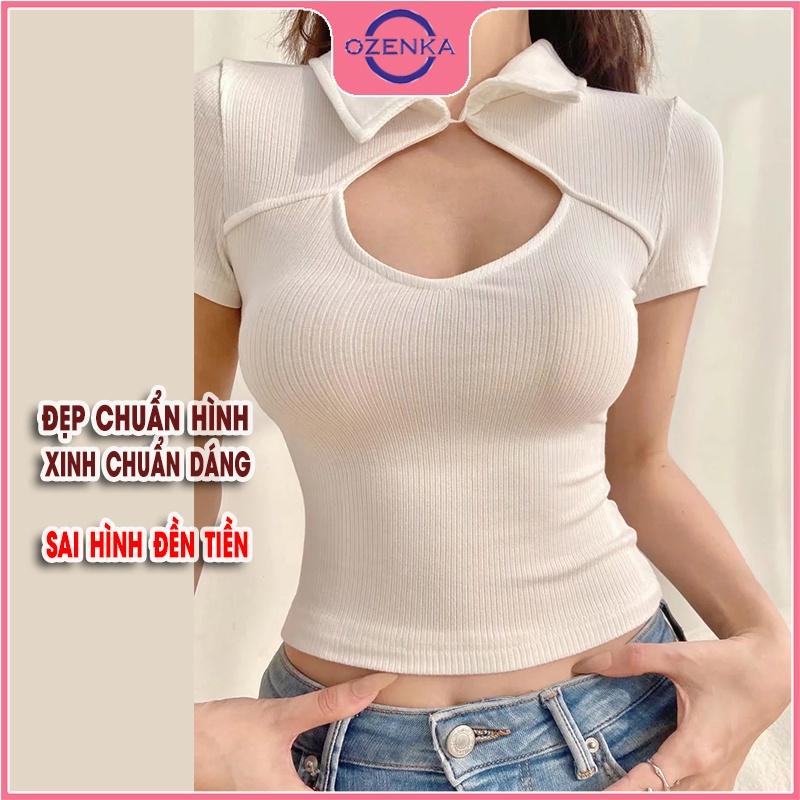 Áo croptop polo cổ bẻ tay ngắn ôm nữ, áo crt kiểu hàn quốc khoét ngực đính nút gợi cảm 100% cotton đen trắng