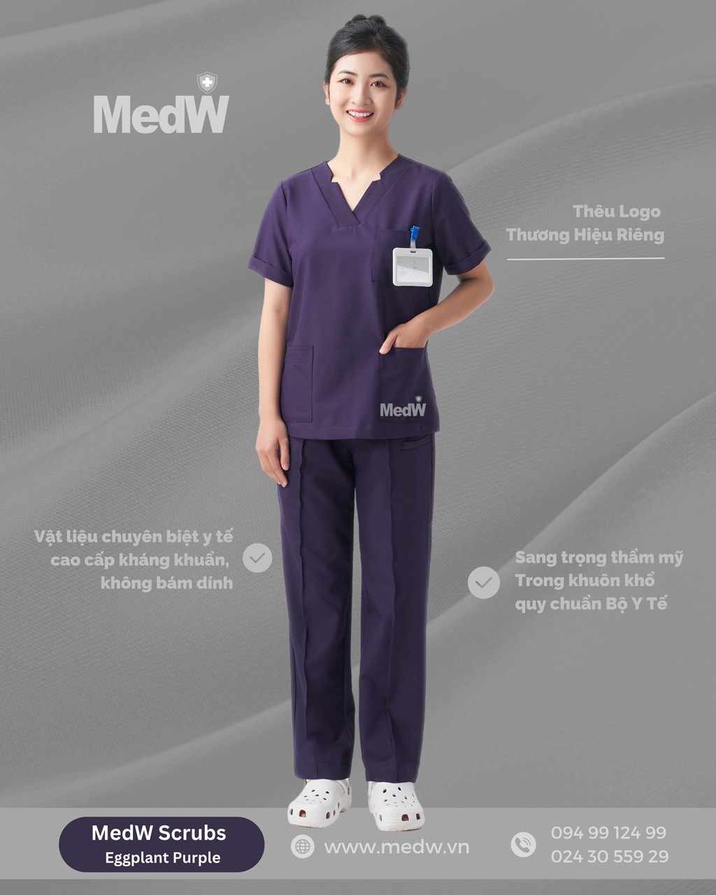 MedW Scrubs Y Tế Eggplant (Nữ)  Diana Tím Cà Sậm Bộ Trang Phục Bác Sĩ Điều Dưỡng Kỹ Thuật Spa Thẩm Mỹ Thiết Kế Pháp Trang Trọng, Vật Liệu Cotton Nhập Khẩu Chuyên Biệt Y Tế Xếp Ly Không Bám Dính Không Nhăn. Thêu Logo Thương Hiệu Riêng