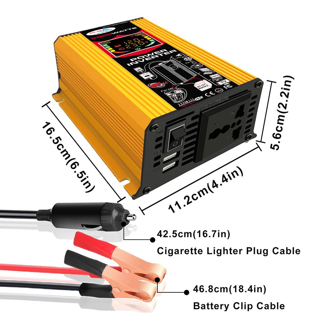 500W (6000W Peak) Car Power Inverter 12V to 220V DC to AC LED Display Yellow