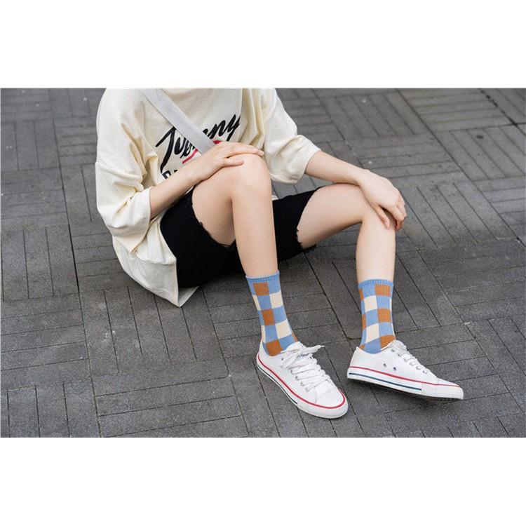 Vớ Tất cổ cao Xanh Kem Unisex Cotton Họa Tiết Retro Phong cách Nhật Hàn Hot Trend Ulzzang Vớ cao cổ Nam nữ Thời trang