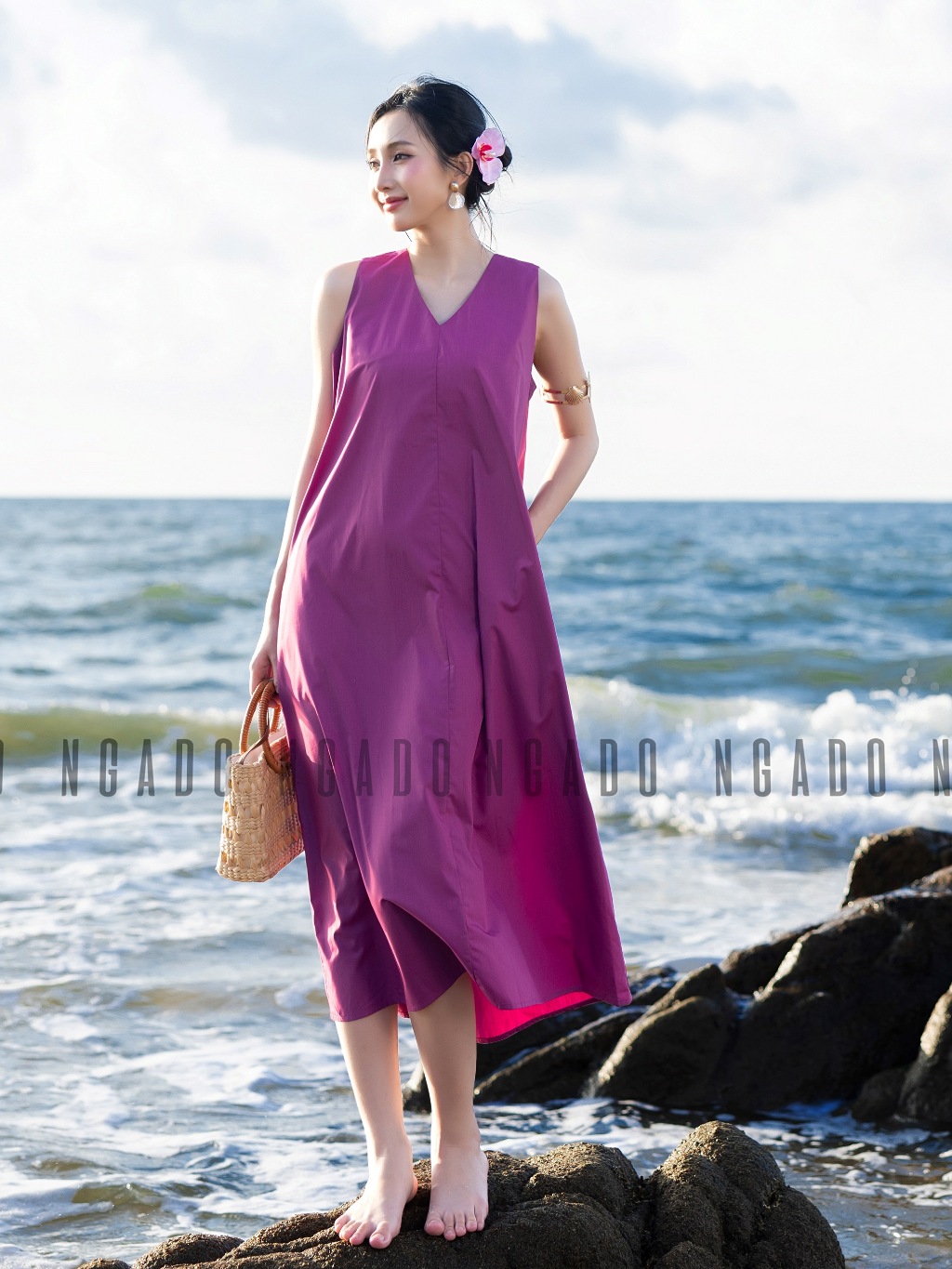 Đầm tím cổ tim NGADO , đầm nữ , Đầm suông , Đầm thiết kế