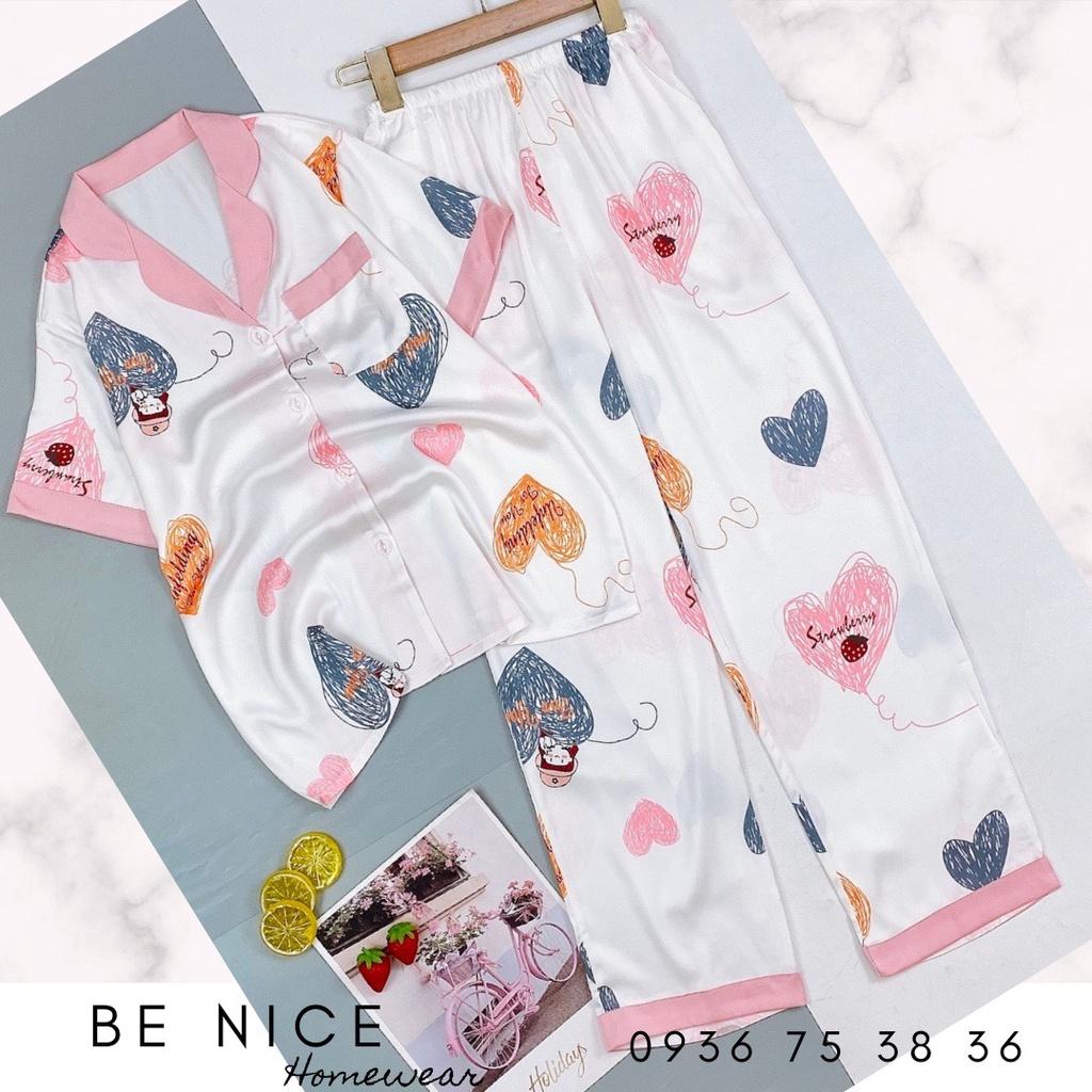 Set pijama lụa mặc nhà cổ phối màu tay ngắn quần dài, Be Nice Homewear