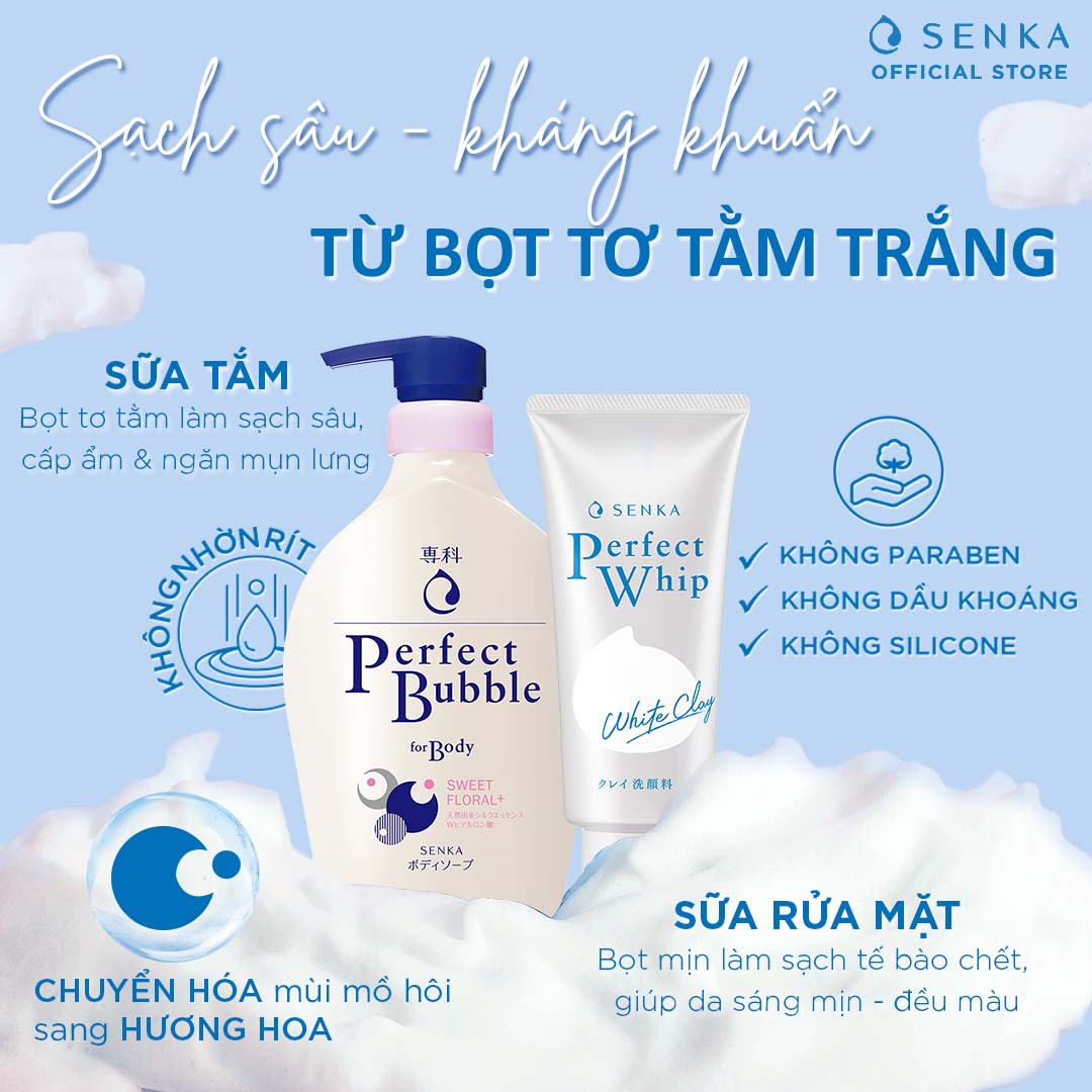 Combo Sữa tắm dưỡng ẩm Senka Perfect Whip hương hoa hồng, đinh hương 500ml và Sữa rửa mặt chiết xuất đất sét trắng Senka Perfect Whip Clay 120g