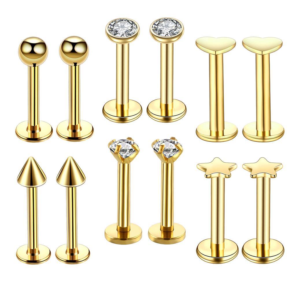 2-7pack 16G Steel Lip Bar Labret Lip Rings Tragus Stud Piercing Jewelry Golden