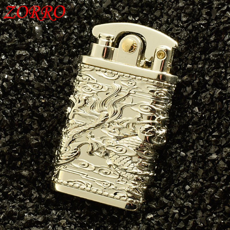 Vỏ Hột Quẹt Bật Lửa Xăng Đá Cối Xoay Zorro Z592-608 Đánh Lửa Tự Động Hình Rồng Cuộn Nhả Ngọc May Mắn