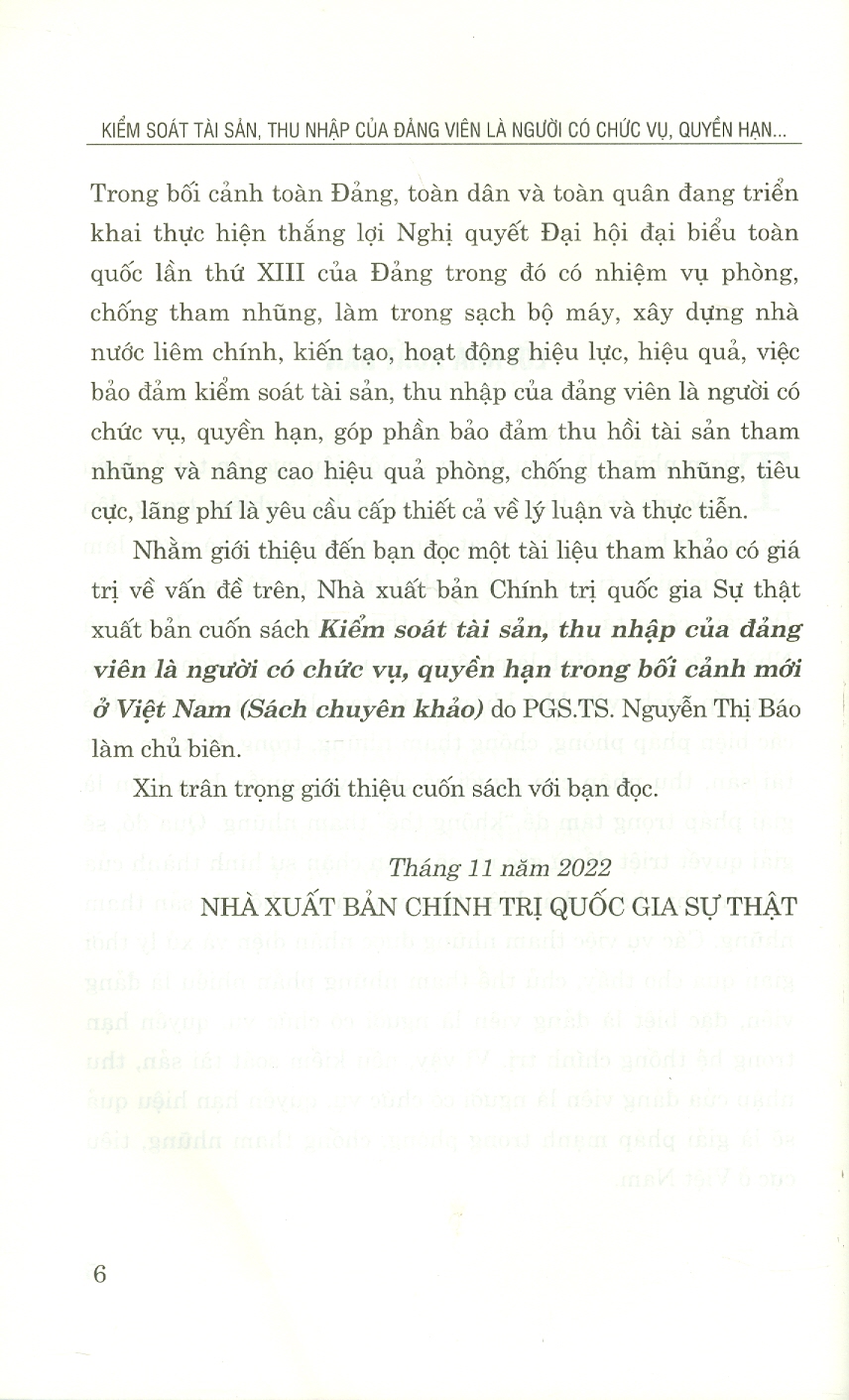 Kiểm Soát Tài Sản, Thu Nhập Của Đảng Viên Là Người Có Chức Vụ, Quyền Hạn Trong Bối Cảnh Mới Ở Việt Nam (Sách chuyên khảo)