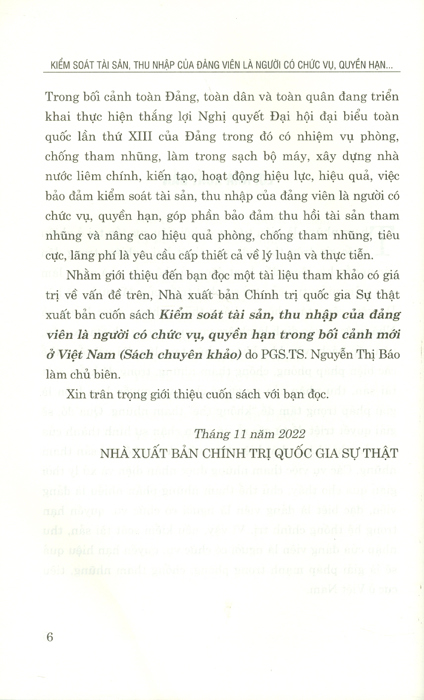 Kiểm Soát Tài Sản, Thu Nhập Của Đảng Viên Là Người Có Chức Vụ, Quyền Hạn Trong Bối Cảnh Mới Ở Việt Nam (Sách chuyên khảo)