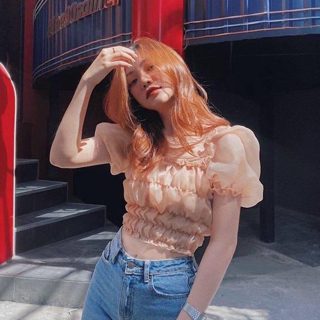 Áo Croptop bo chun tay xốp màu tây
