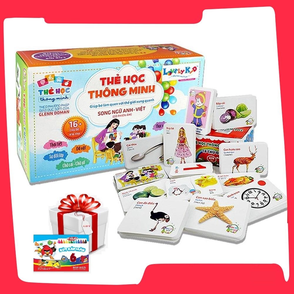 Hộp Combo Flash Card - Thẻ học thông minh song ngữ Anh Việt 16 chủ đề (416 thẻ) + Tặng kèm 1 Hộp Bút sáp màu