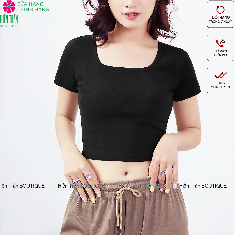 Áo croptop HIỀN TRẦN cổ vuông vải cotton co giãn tốt ba lỗ nữ cộc tay body thun ôm