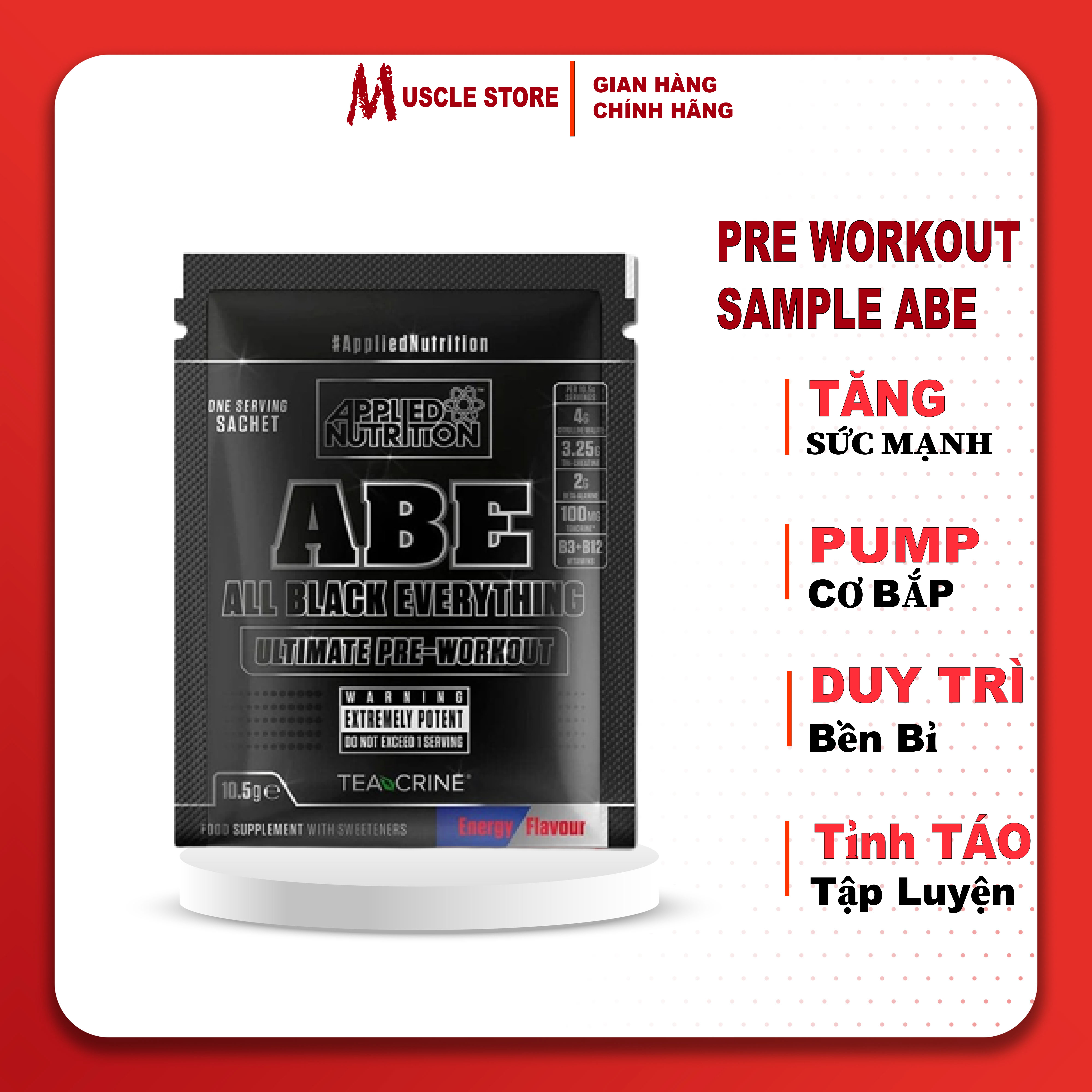 Sample ABE - Applied Nutrition, Gói dùng thử pre workout ABE, 1 Lần dùng hỗ trợ tăng sức mạnh, Tăng sức bền, Pump cơ bắp