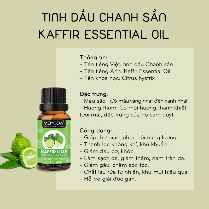 Tinh dầu Chanh sần cao cấp. Kaffir Lime Essential Oil. Tinh dầu xông phòng giúp khử mùi, kháng khuẩn, thanh lọc không khí, thư giãn, tái tạo năng lượng. Tinh dầu thơm phòng cao cấp Vemoda