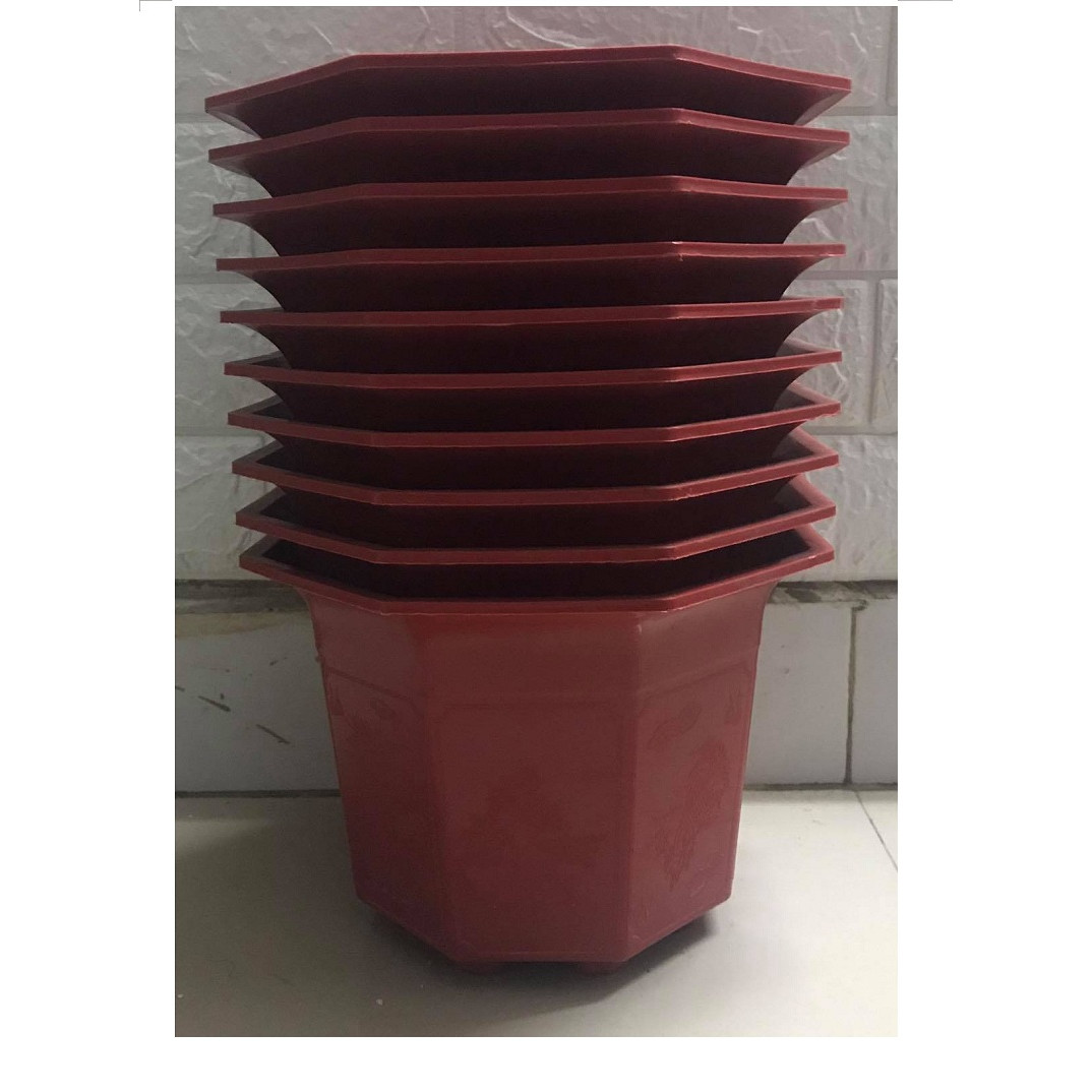 10  Chậu Nhựa Trồng Cây Hoa, Cây Cảnh Bát Giác Màu Đỏ Kích Thước 210x170