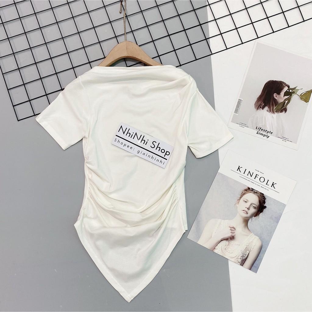 Áo thun kiểu dáng ôm rúm eo ngắn tay vạt nhọn, Áo kiểu lệch vai form ôm body CS1414 - NhiNhiShop