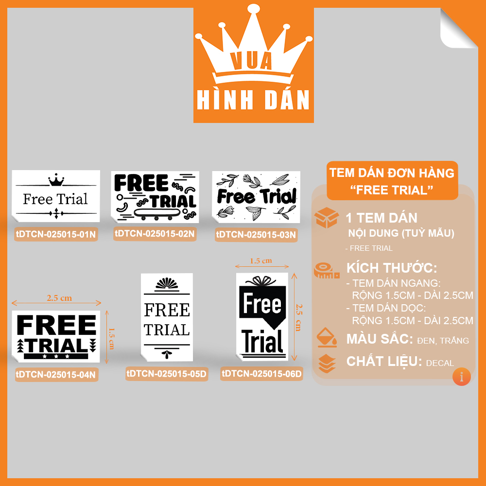 Set 100/500 tem / sticker FREE TRIAL tem dán siêu mini dành cho shop
