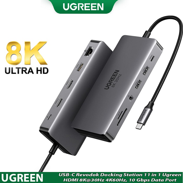 Hub USB-C Revodok Docking Station 11 in 1 Ugreen 15965, HDMI 8K@30Hz 4K60Hz, 10 Gbps Data Port 100W PD 1Gbps Ethernet, SD/TF Card Reader Hàng chính hãng