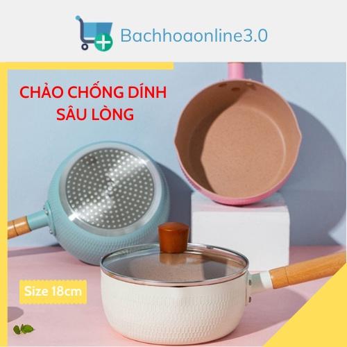 Chảo chống dính sâu lòng, chảo vân đá cán gỗ kiểu dáng Hàn Quốc size 18cm, dùng cho tất cả các loại bếp.