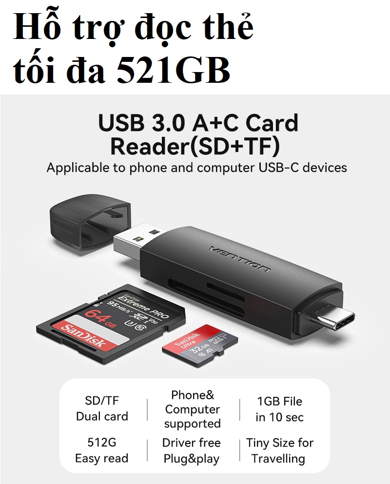 Đầu đọc thẻ SD / TF chuẩn USB3.0 hai cổng C +U Vention CLKB0 _ Hàng chính hãng