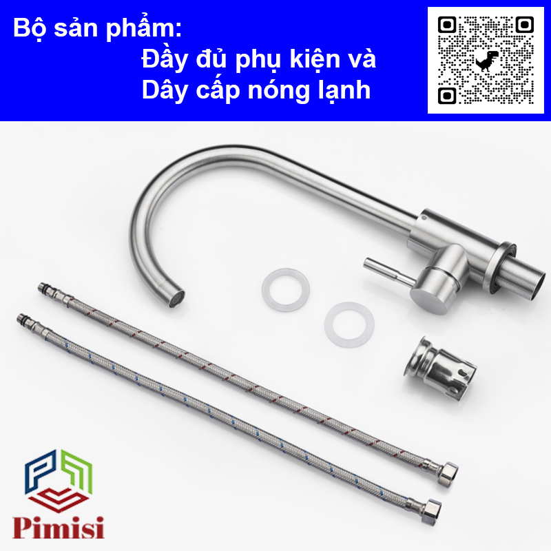 Vòi rửa bát nóng lạnh inox 304 Pimisi dùng cho chậu rửa chén bát trong nhà bếp gắn chậu - bàn đá, quay 360 độ dùng được cho chậu rửa chén 2 hố - đã kèm 2 sợi dây cấp nước | Hàng chính hãng